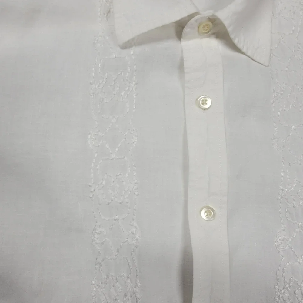 Banana Republic Shirt Mens White 100% Linen Embroidered Guayabera Short Sleeve L
